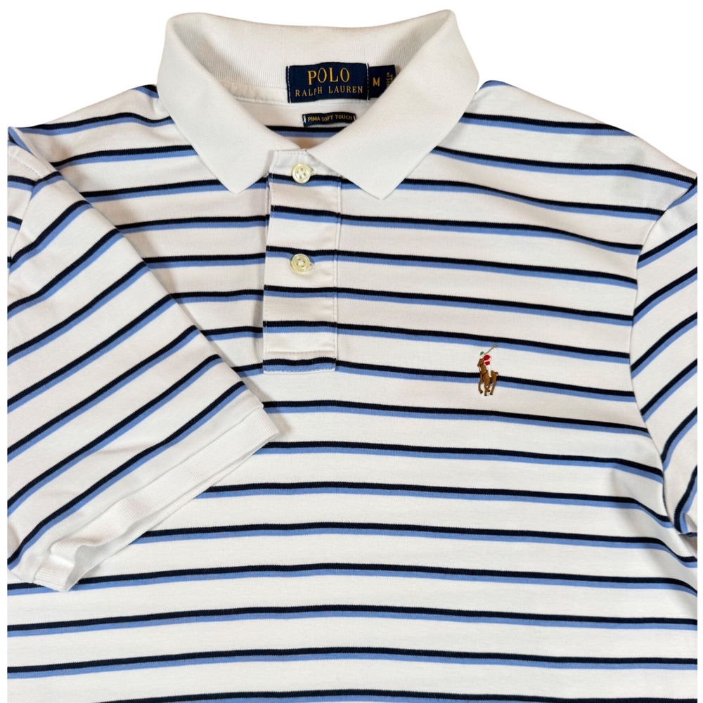 Polo Ralph Lauren Mens Pima Soft Touch Striped Polo Shirt White Blue Medium
